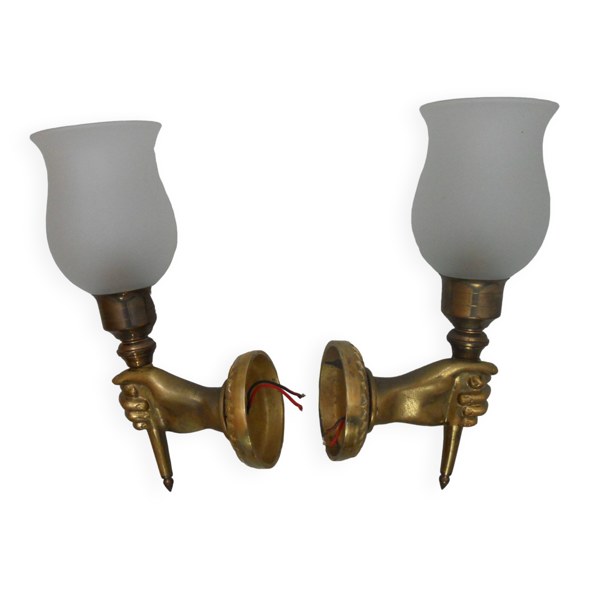 Pair of golden bronze flambeau sconces