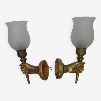 Pair of golden bronze flambeau sconces