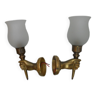 Pair of golden bronze flambeau sconces