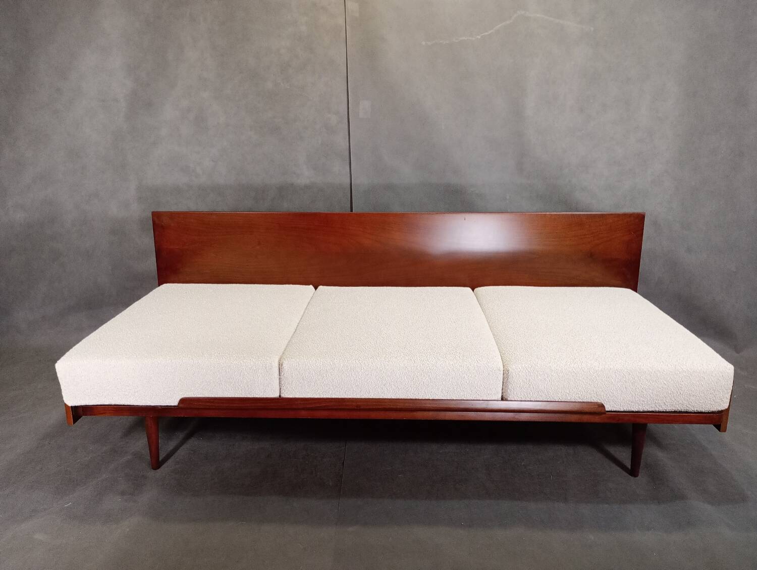 Jitona sobeslav sofa bed in walnut & boucle fabric, vintage czech 1960s