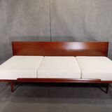 Jitona sobeslav sofa bed in walnut & boucle fabric, vintage czech 1960s