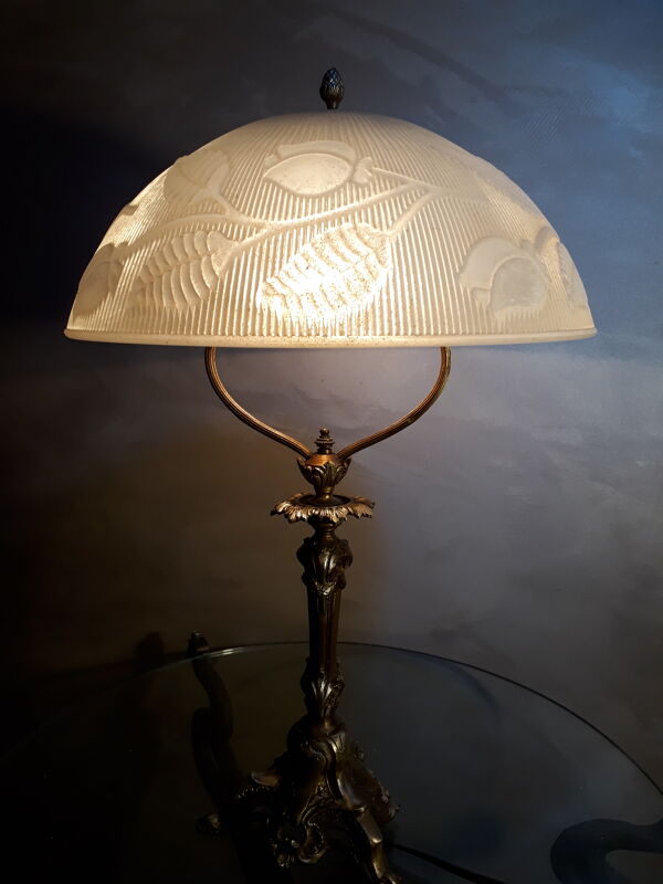 Lampe bronze doré abat jour verre epais 8ml motif fleural art nouveau art deco