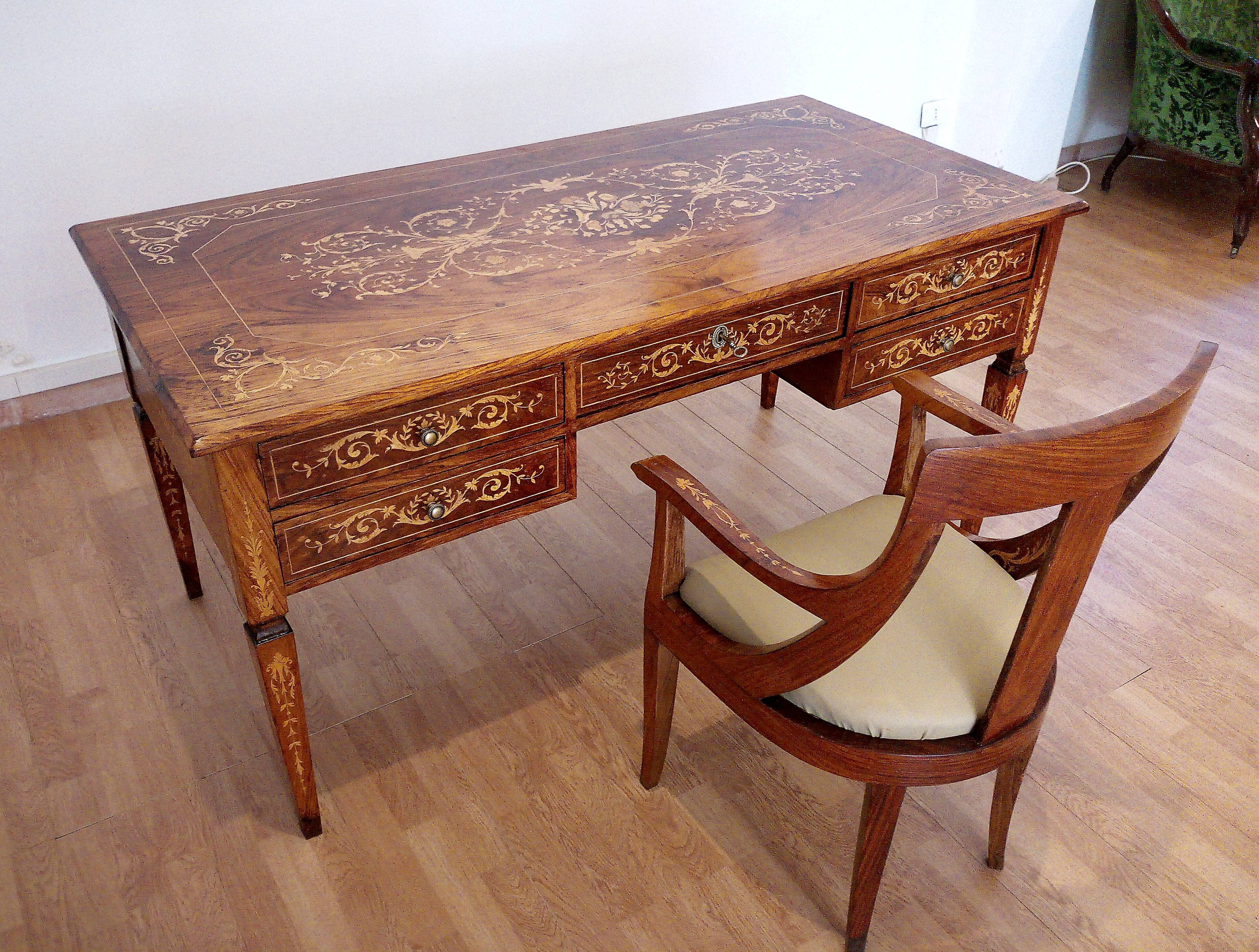Louis XVI style italian bank desk and bench, 1920s