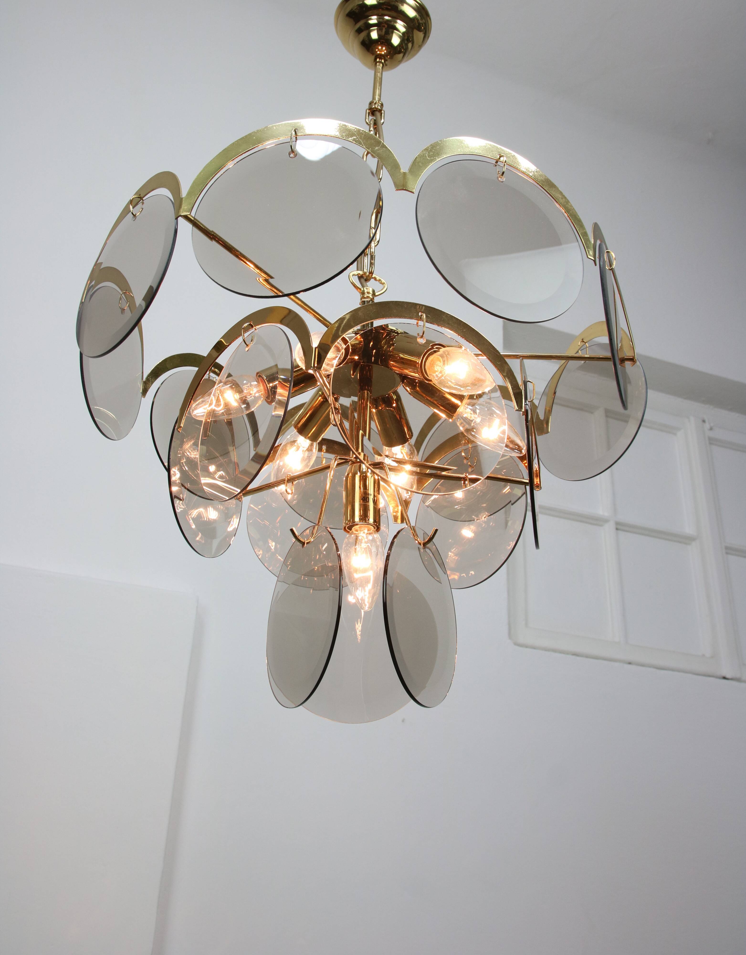 Vintage Vistosi Chandelier: Smoked Glass Discs, Gold Metal, 1970s Italian P