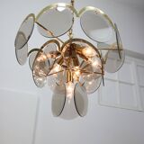 Vintage Vistosi Chandelier: Smoked Glass Discs, Gold Metal, 1970s Italian P
