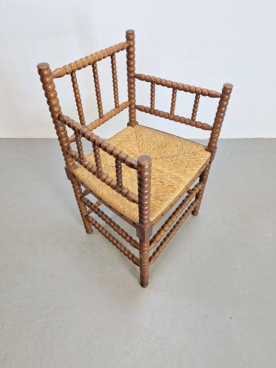 Mid-Century Arts and Craft Oak Bobbin Chair with Rush Seat, 1930s