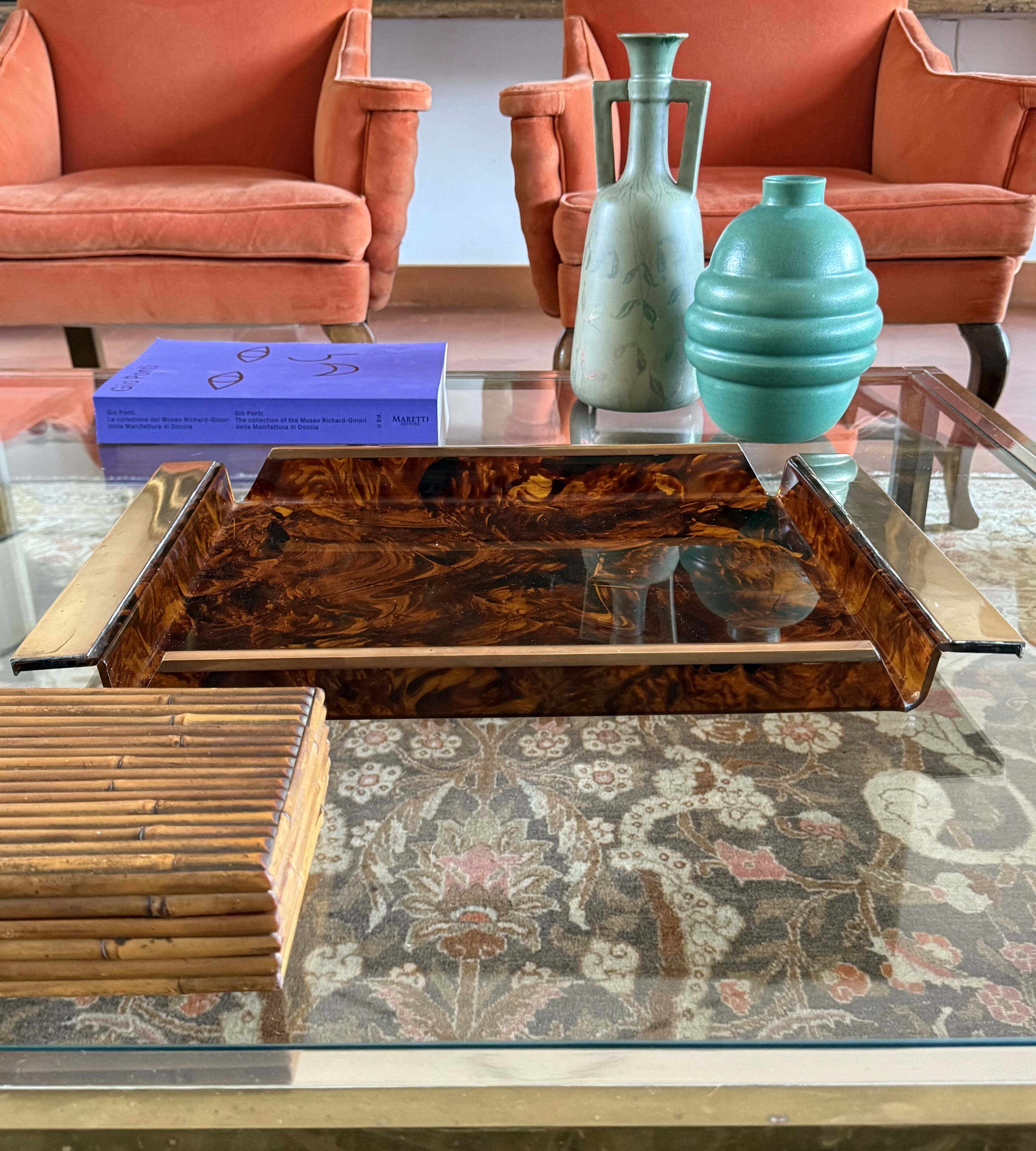 Hollywood regency brass and tortoiseshell lucite tray, Italy 1970s
