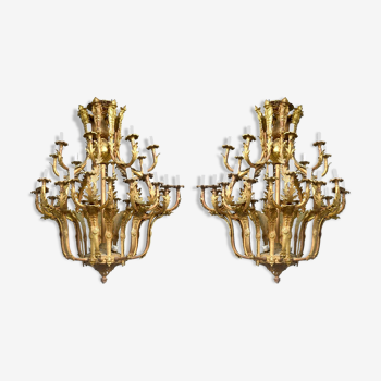 Pair of Louis XV style chandeliers golden bronze 36 lights