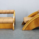 1970s Pair of Rare Oak Armchairs Upholstered in  Leatherette, Czechoslovaki
