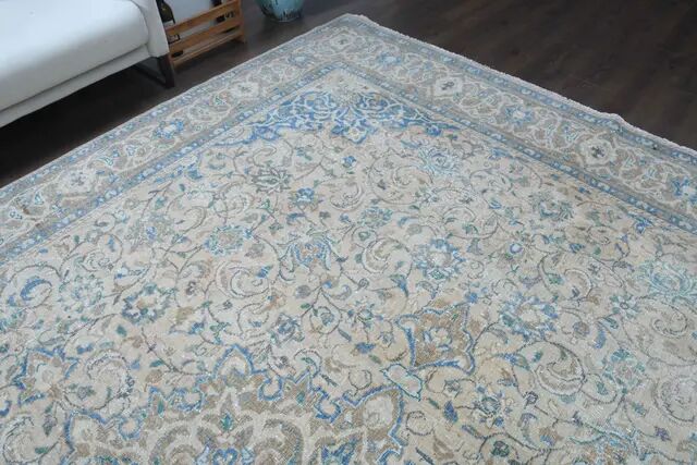 1970s Vintage Persian Handmade Wool Cotton Beige Area Rug 292x396