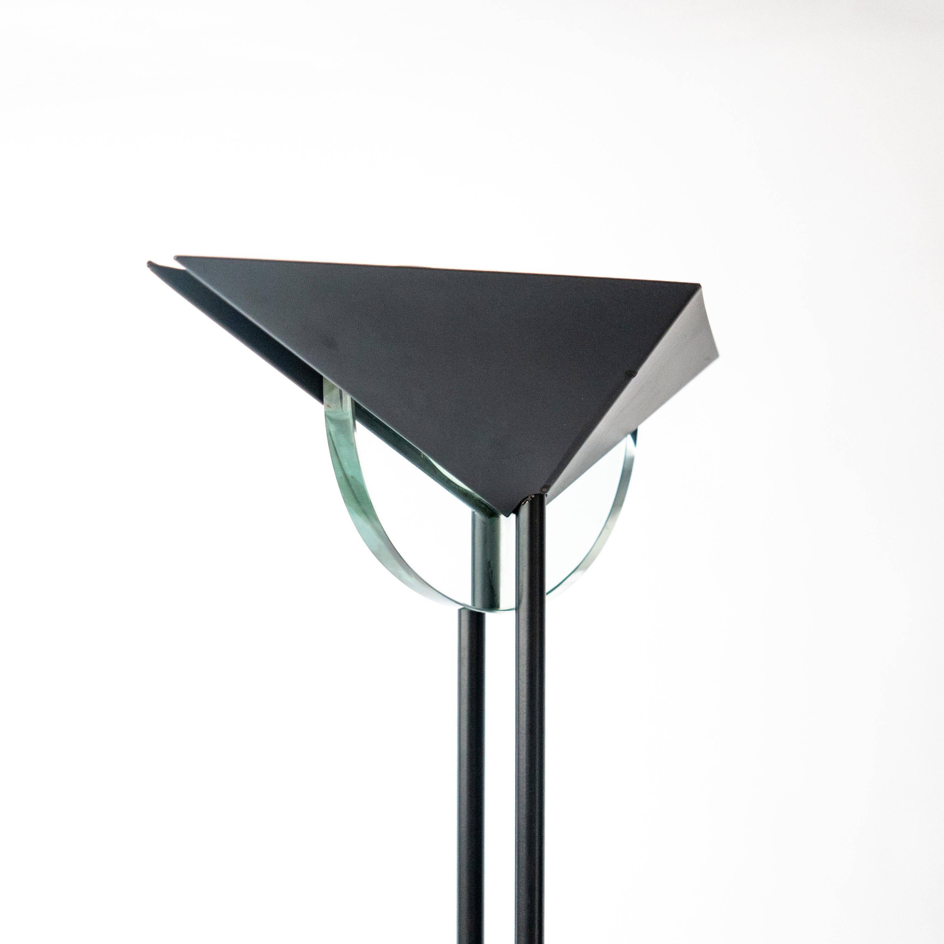 Vintage 1990s Fontana Arte Style Floor Lamp in Black Metal and Light Blue Glass