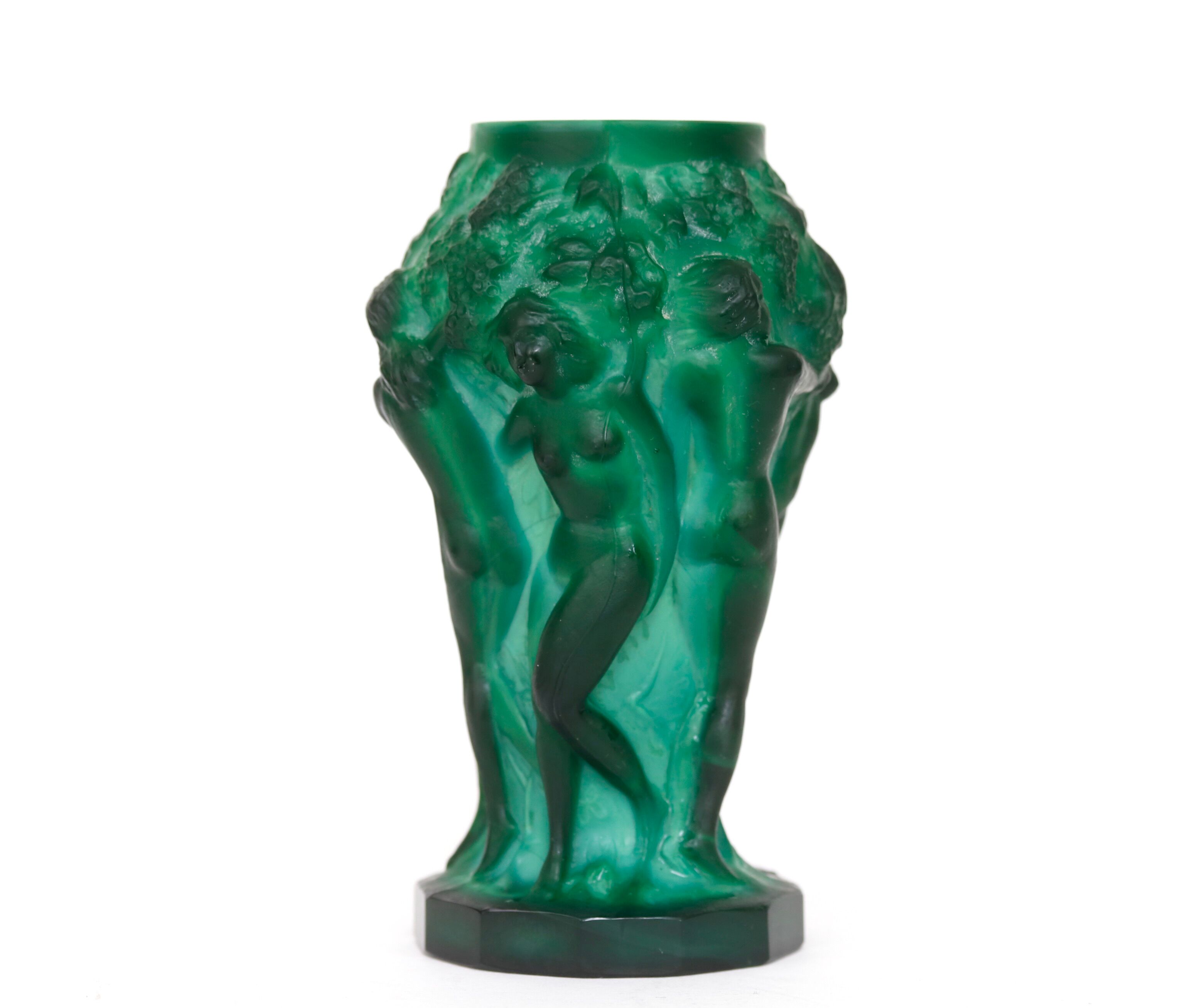 Glass vase decorated with bacchantes. Hoffman to Schlevogt 1930. Malachite green