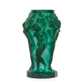 Glass vase decorated with bacchantes. Hoffman to Schlevogt 1930. Malachite green
