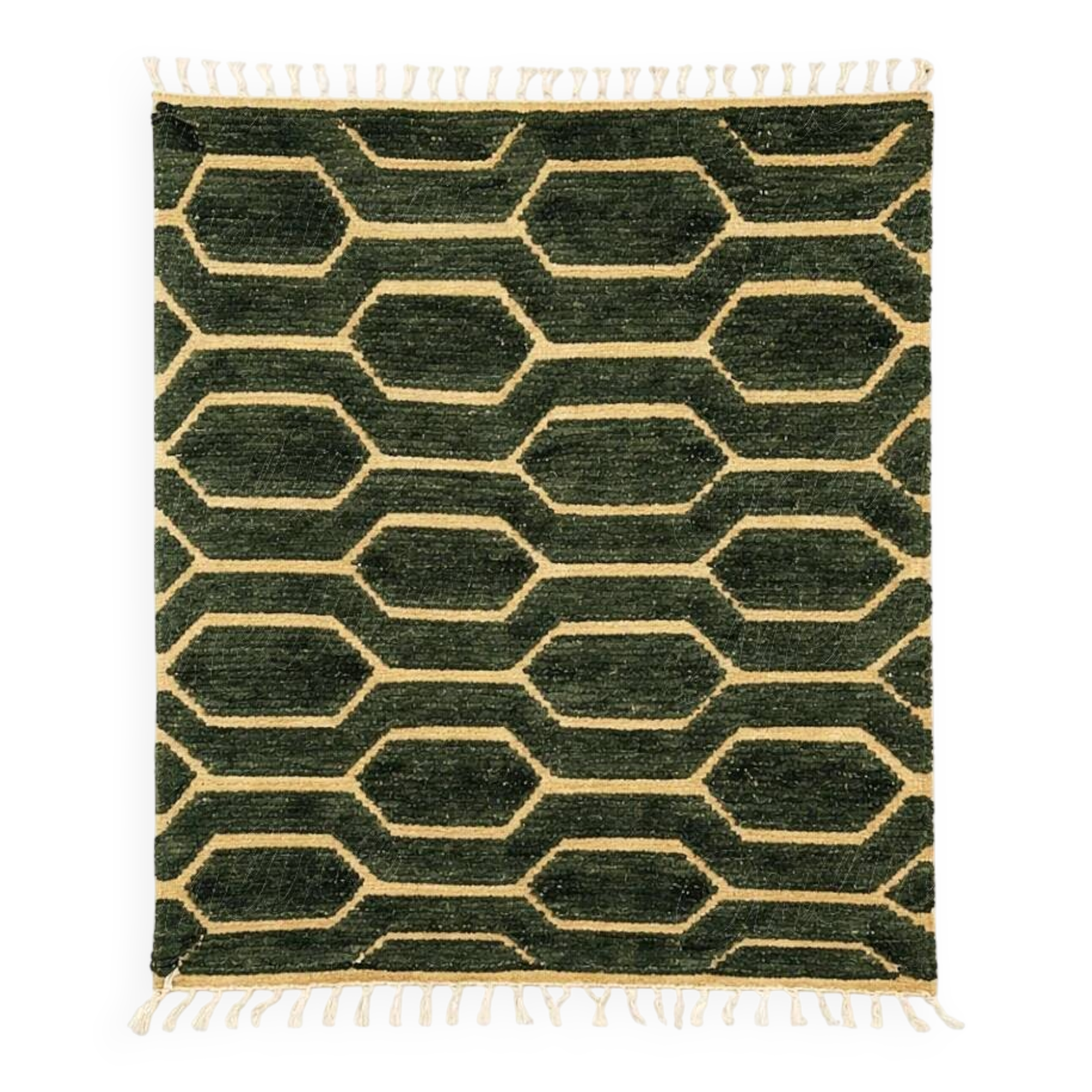 Green Boujad rug with a hexagonal pattern.