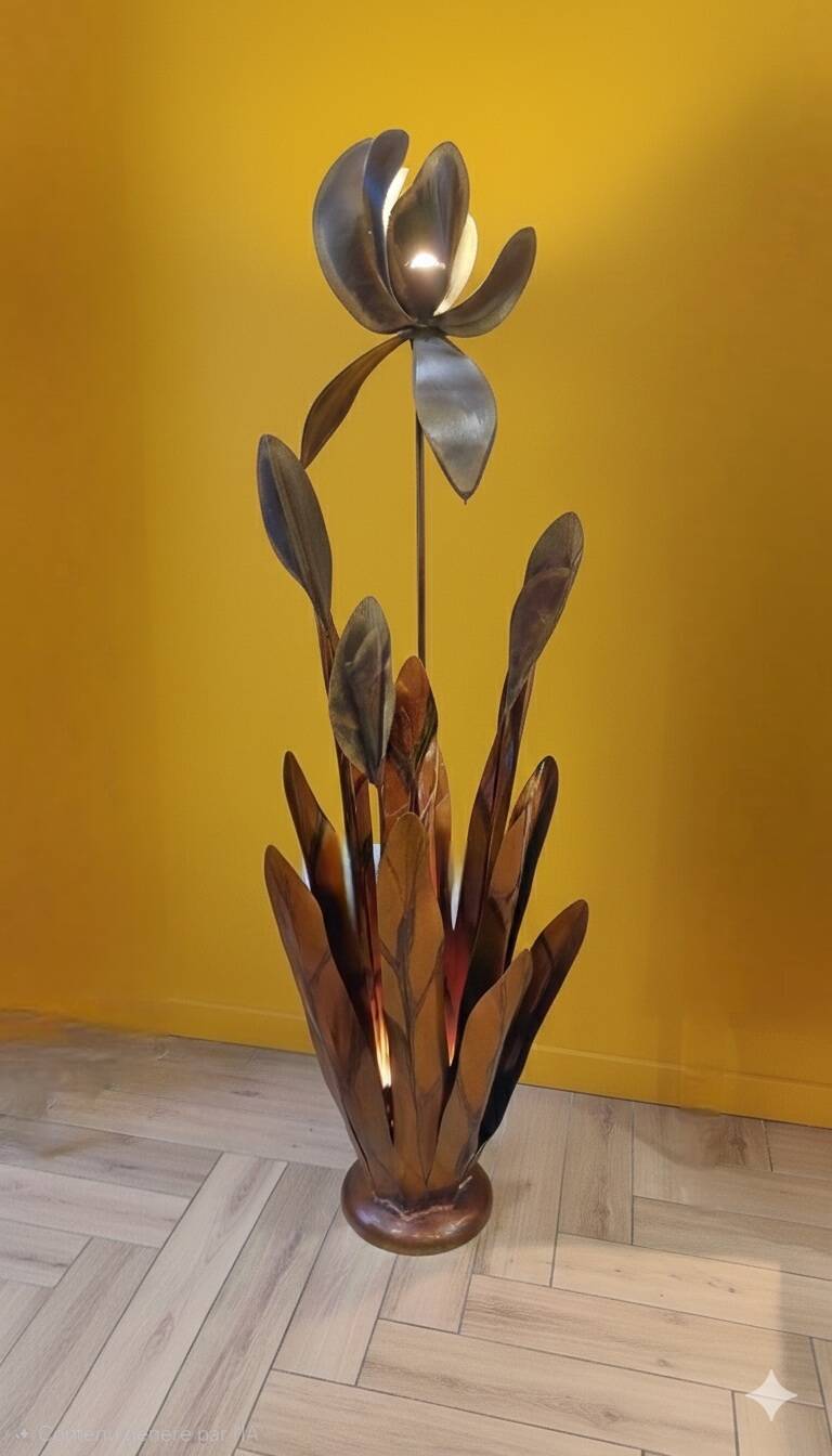 Henri Fernandez Floral Floor Lamp in Gold Metal