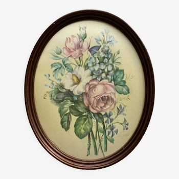 Painting on silk bouquet of flowers in oval frame
