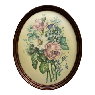 Peinture sur soie bouquet de fleurs dans cadre ovale