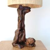 Vine wood lamp, raffia lampshade, 70s