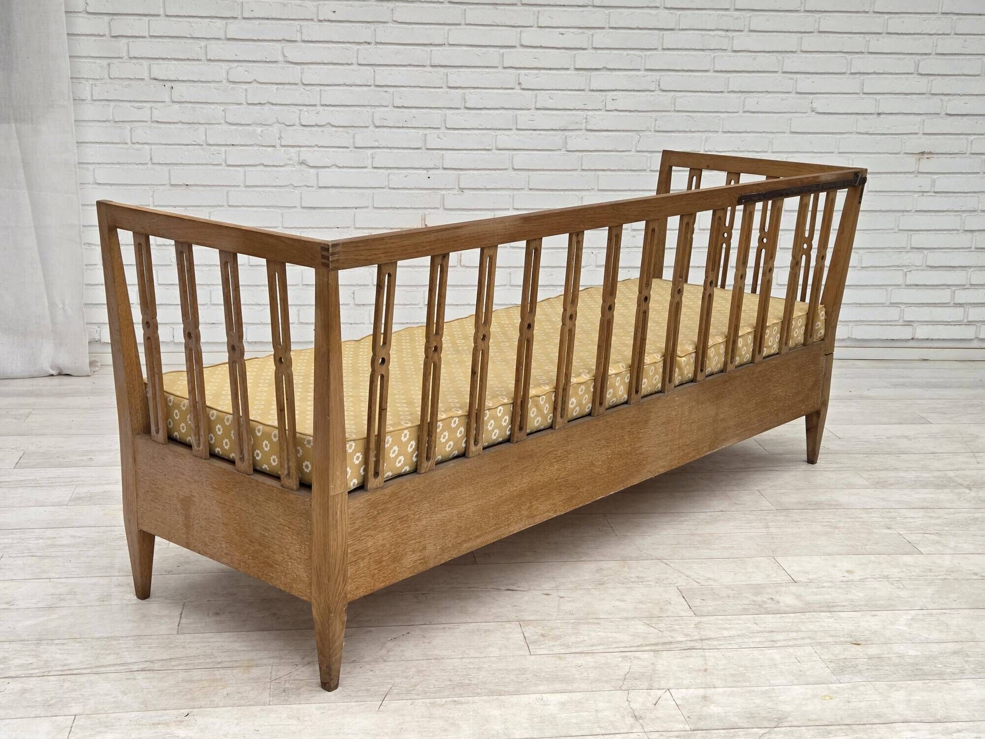 1970s, Swedish drop arm sofa/daybed, furniture fabric, oak wood.