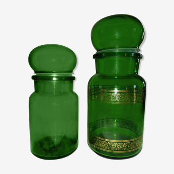 Duo of vintage green jars