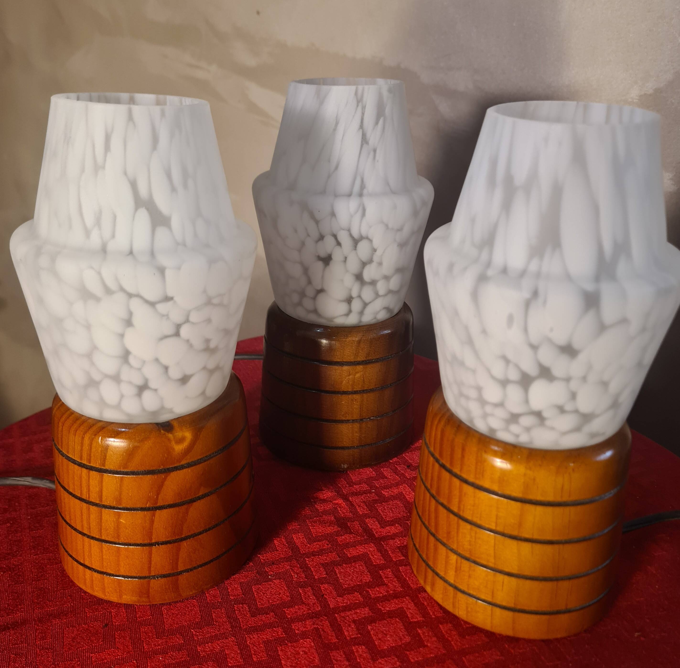three Scandinavian bedside lamps, turned wood and glass, Clichy 20x9, electric ok