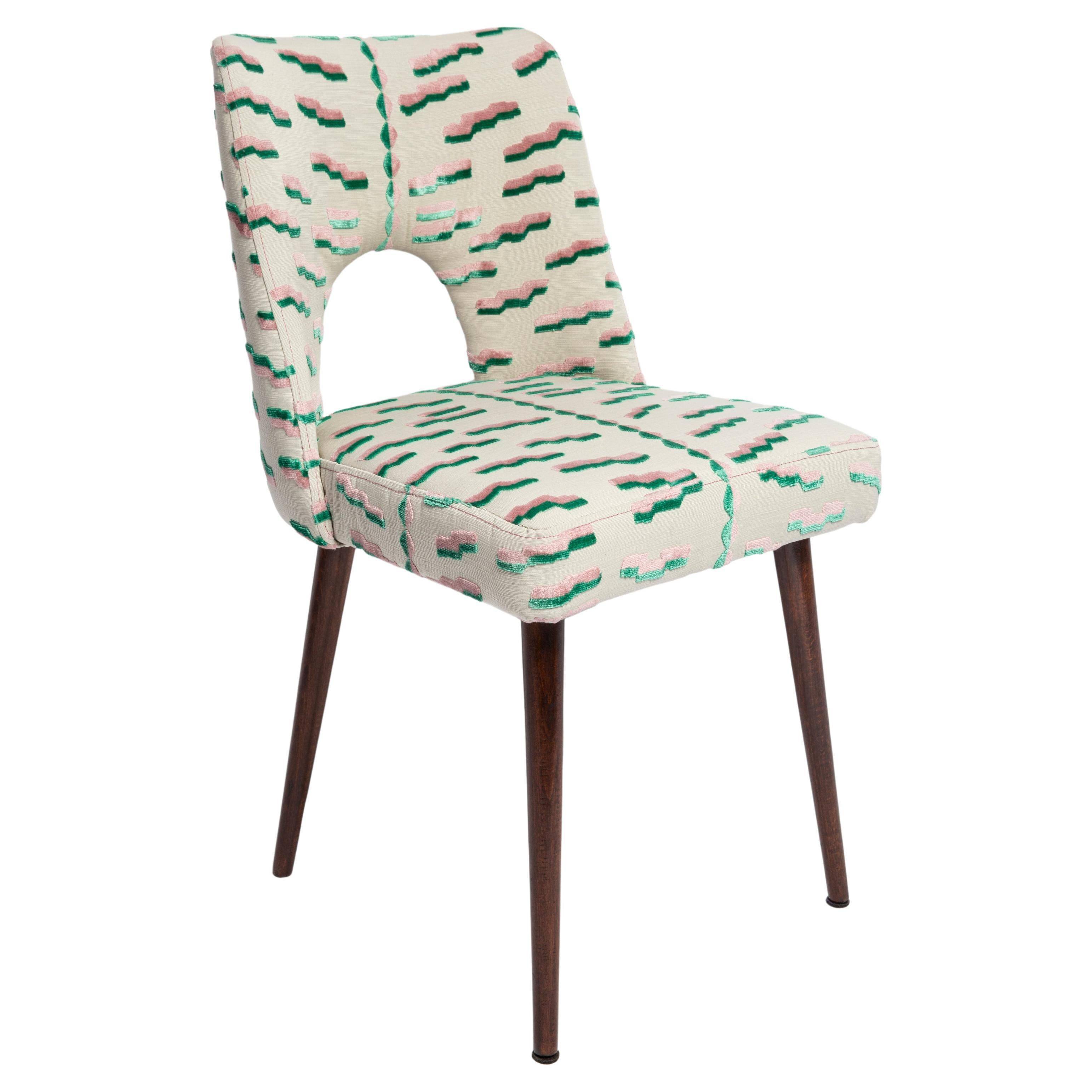 Chaise Shell Milieu du Siècle en Jacquard Velours Tigre Rose et Vert