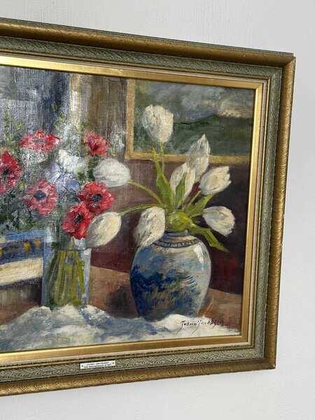 Original early century Swedish oil on canvas – "Tulips and Poppies" by Johan Jacobsson – vintage & framed 68 × 80 cm (26.8" × 31.5")