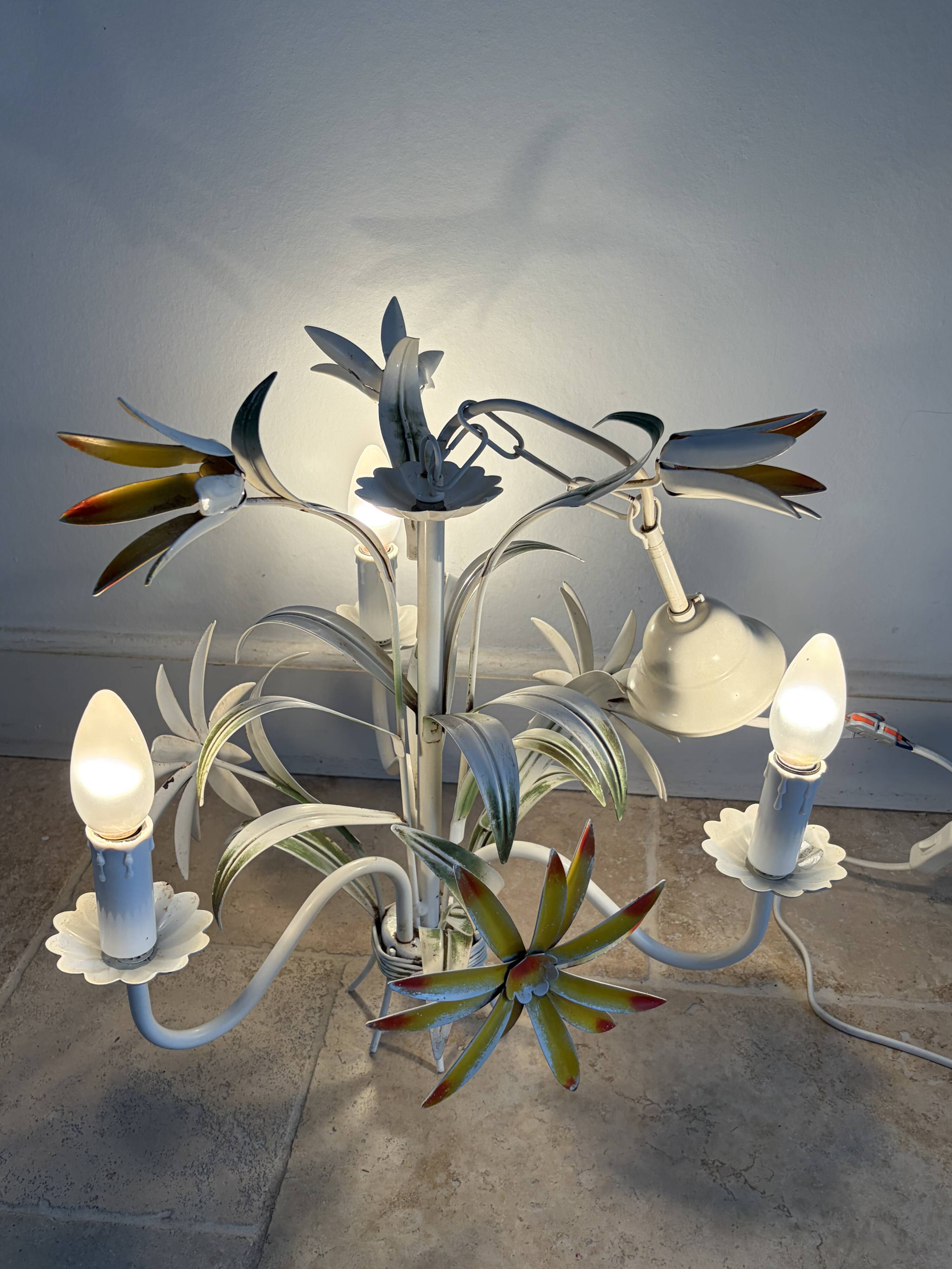 Vintage floral metal painted chandelier – 3 lights – 1970s