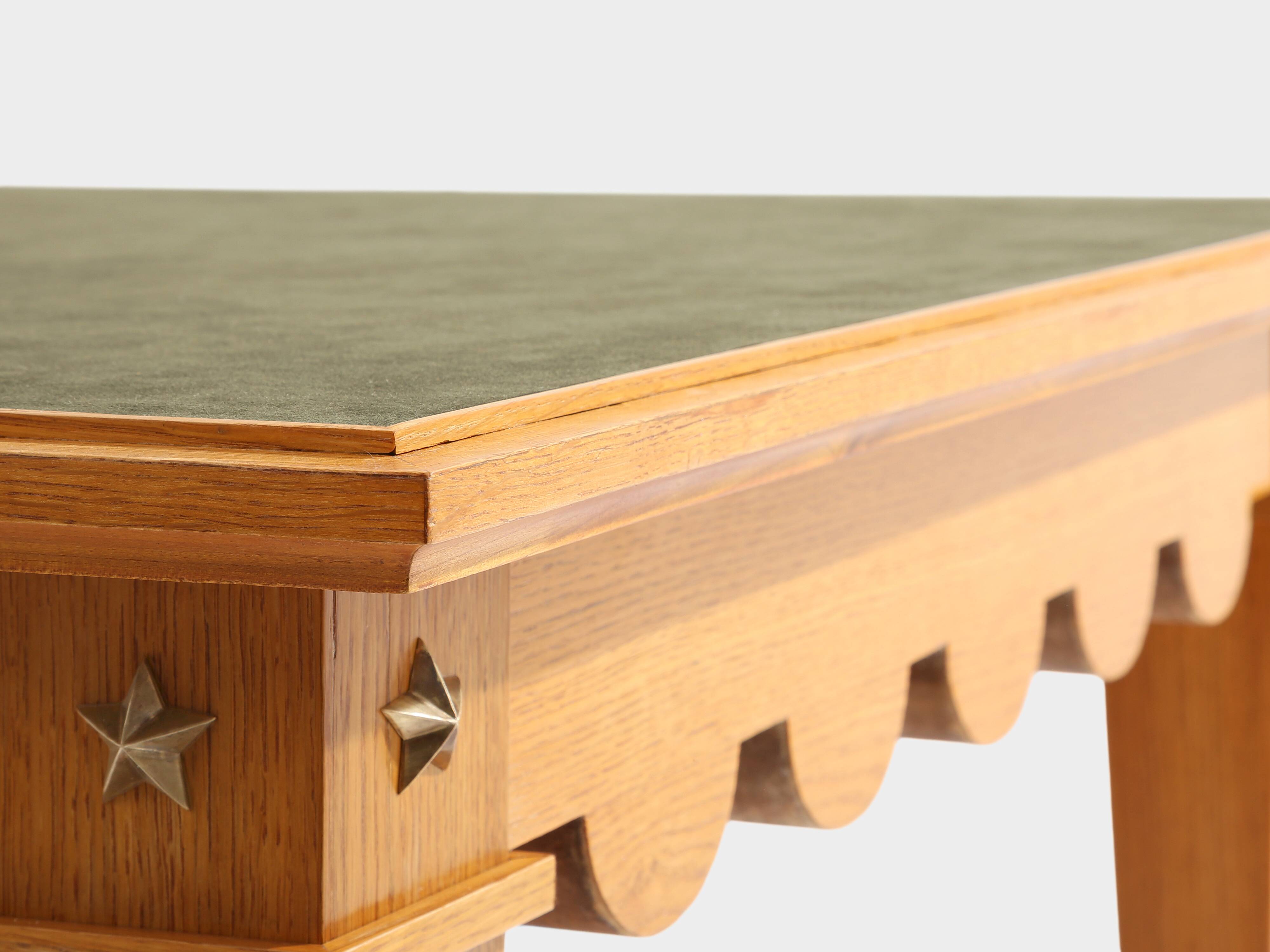 Maxime Old game table oak brass green suede around 1940