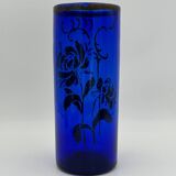 Antique blue glass vase, hand-painted bronze floral decoration / Art Nouveau