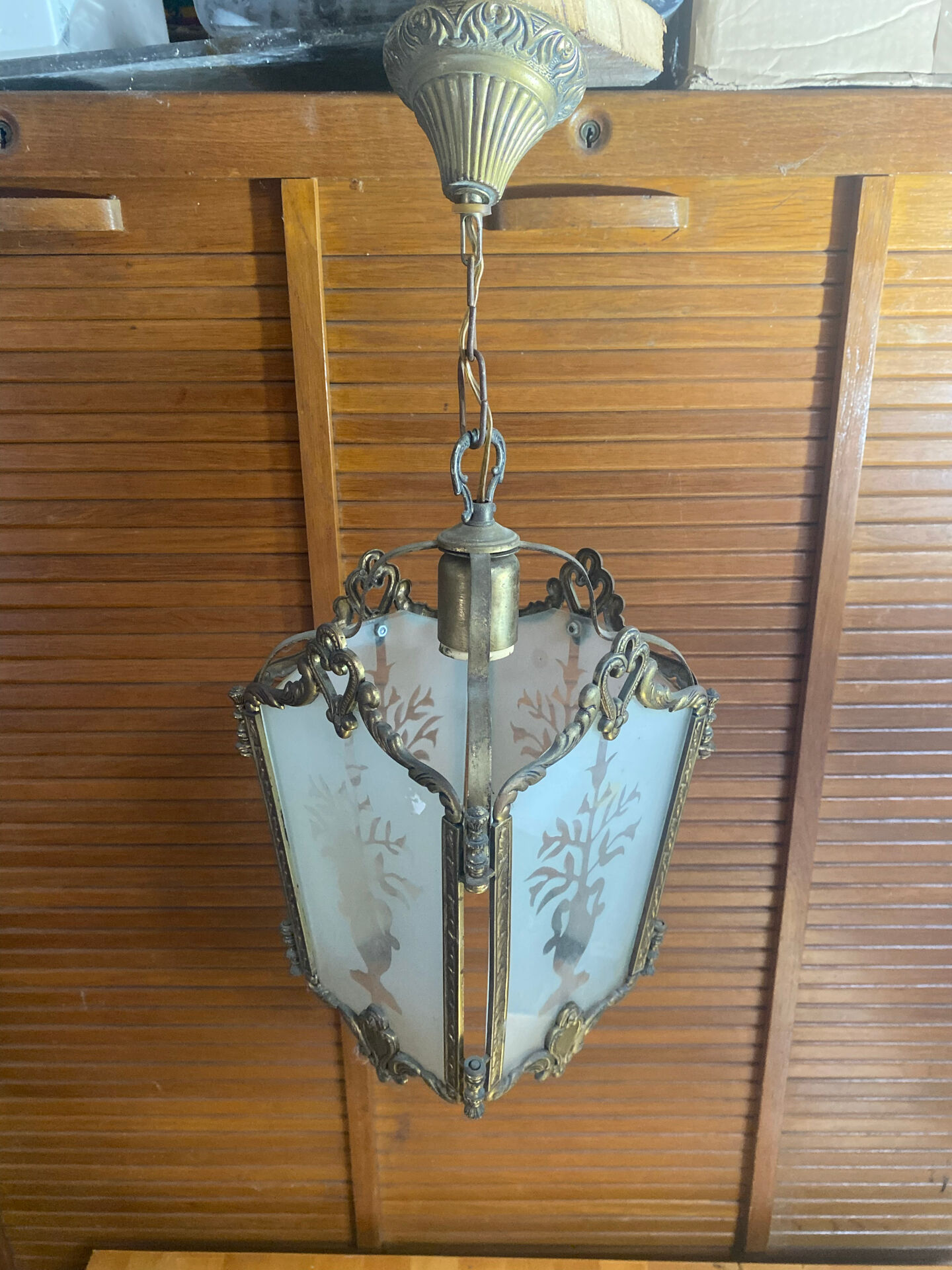 Antique Lustre Hall LOUIS XVI Bronze + Glass Plates Decorated with Engraved Tree
