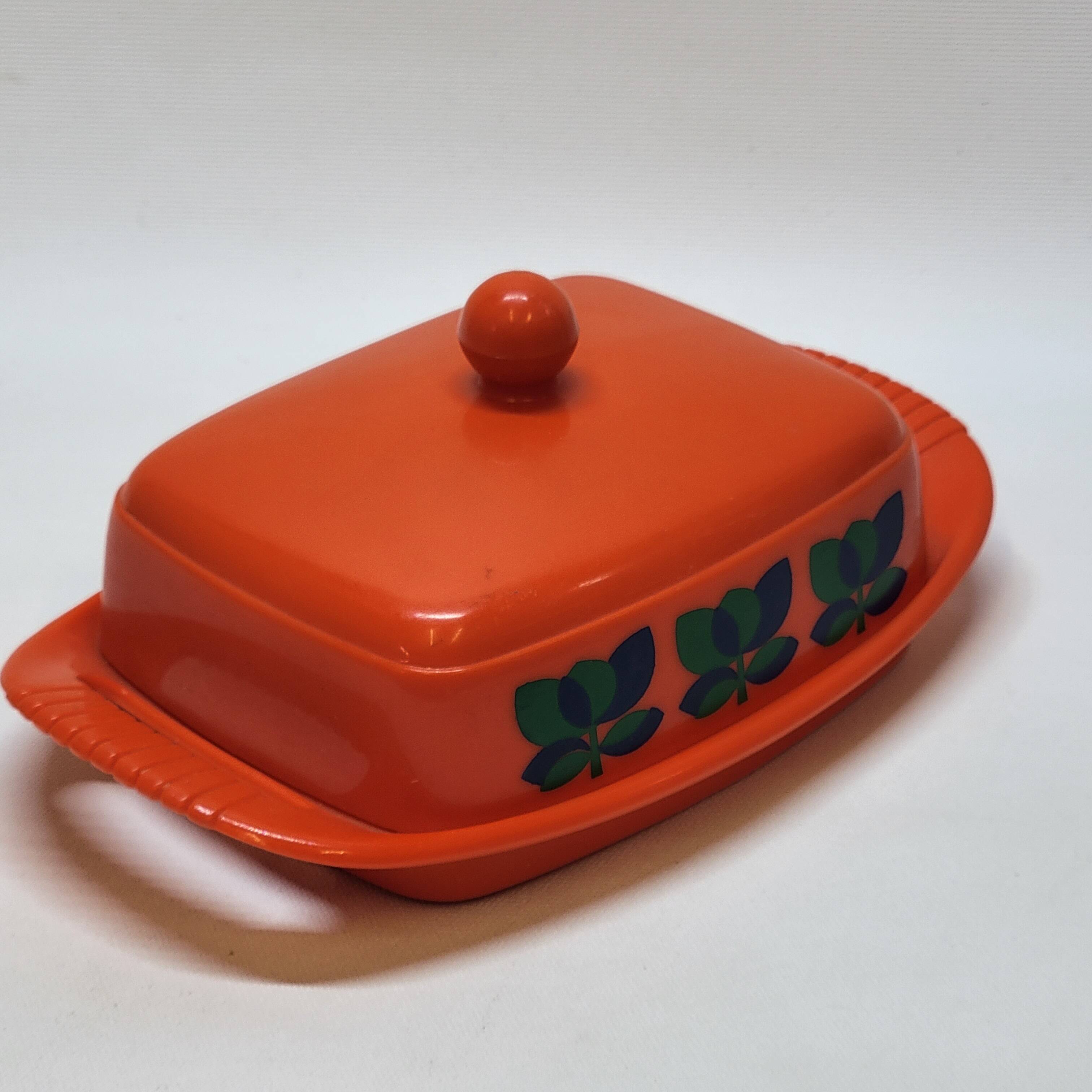 Emsa butter dish in orange plastic and vintage flowers 1970s
