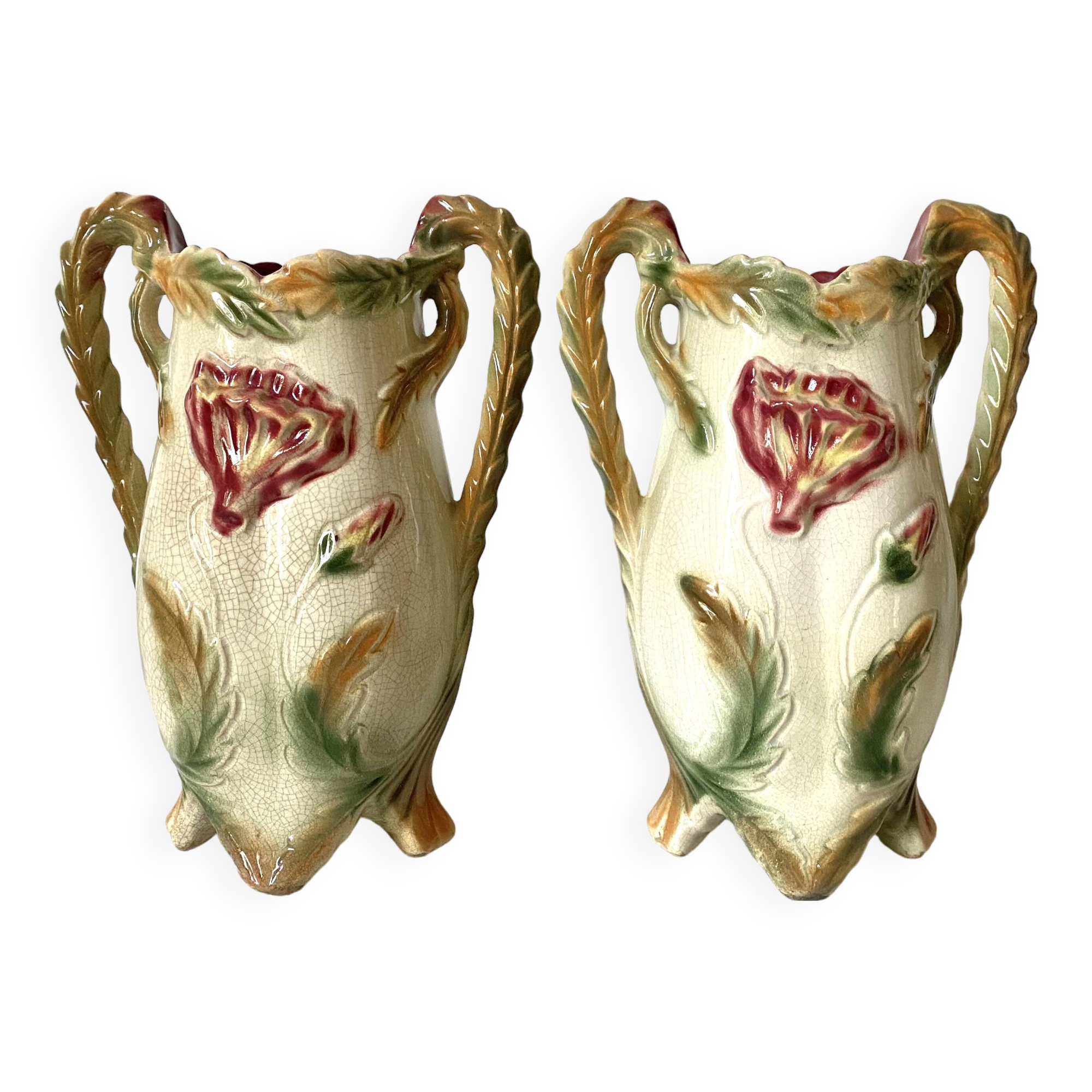 Pair of slipware vases, art nouveau fireplace decoration
