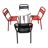 Set of 4 TOLIX T2 Metal Chairs, Red & Black + White Bistro Table