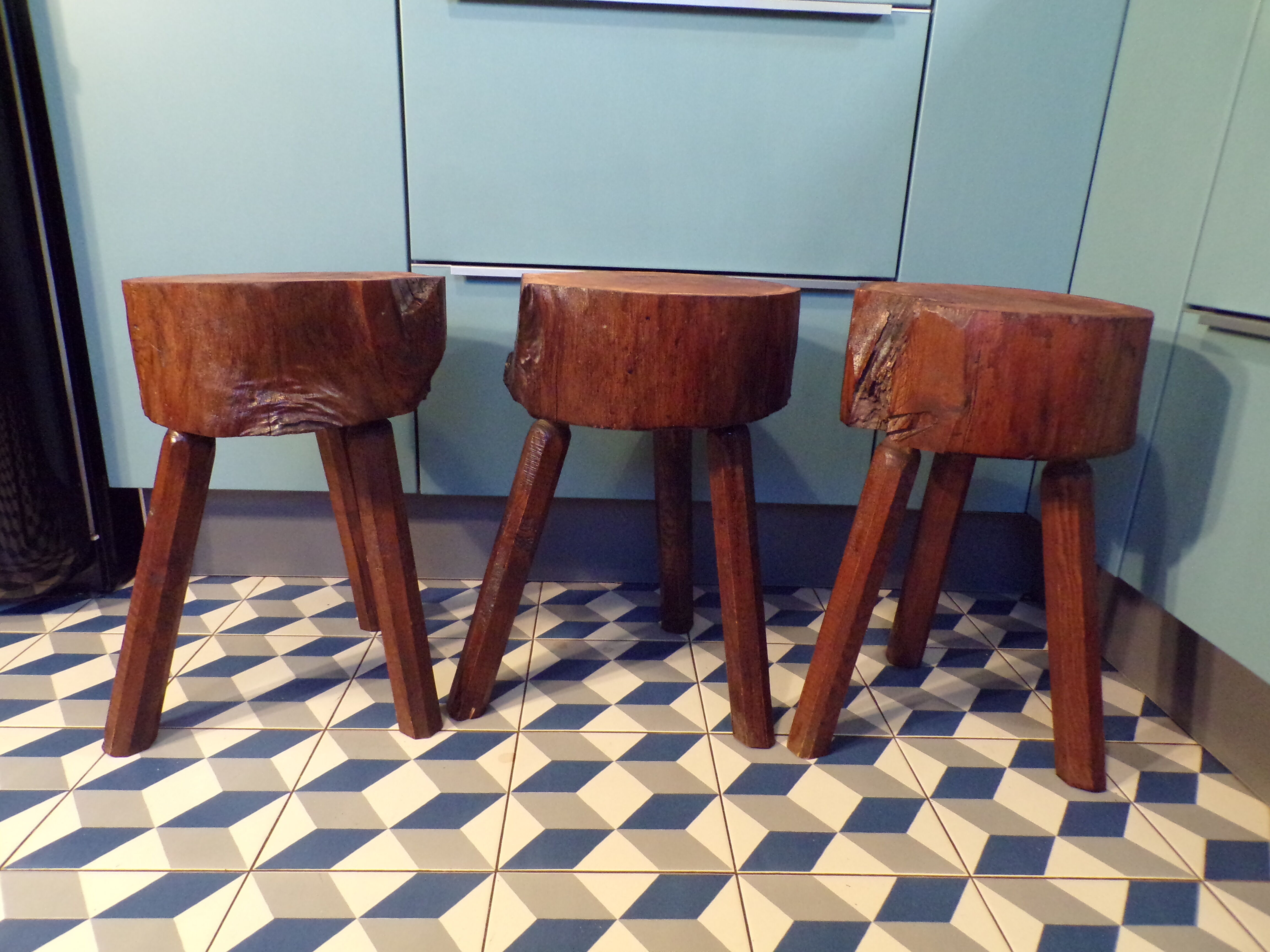Trio of brutalist tripod stools