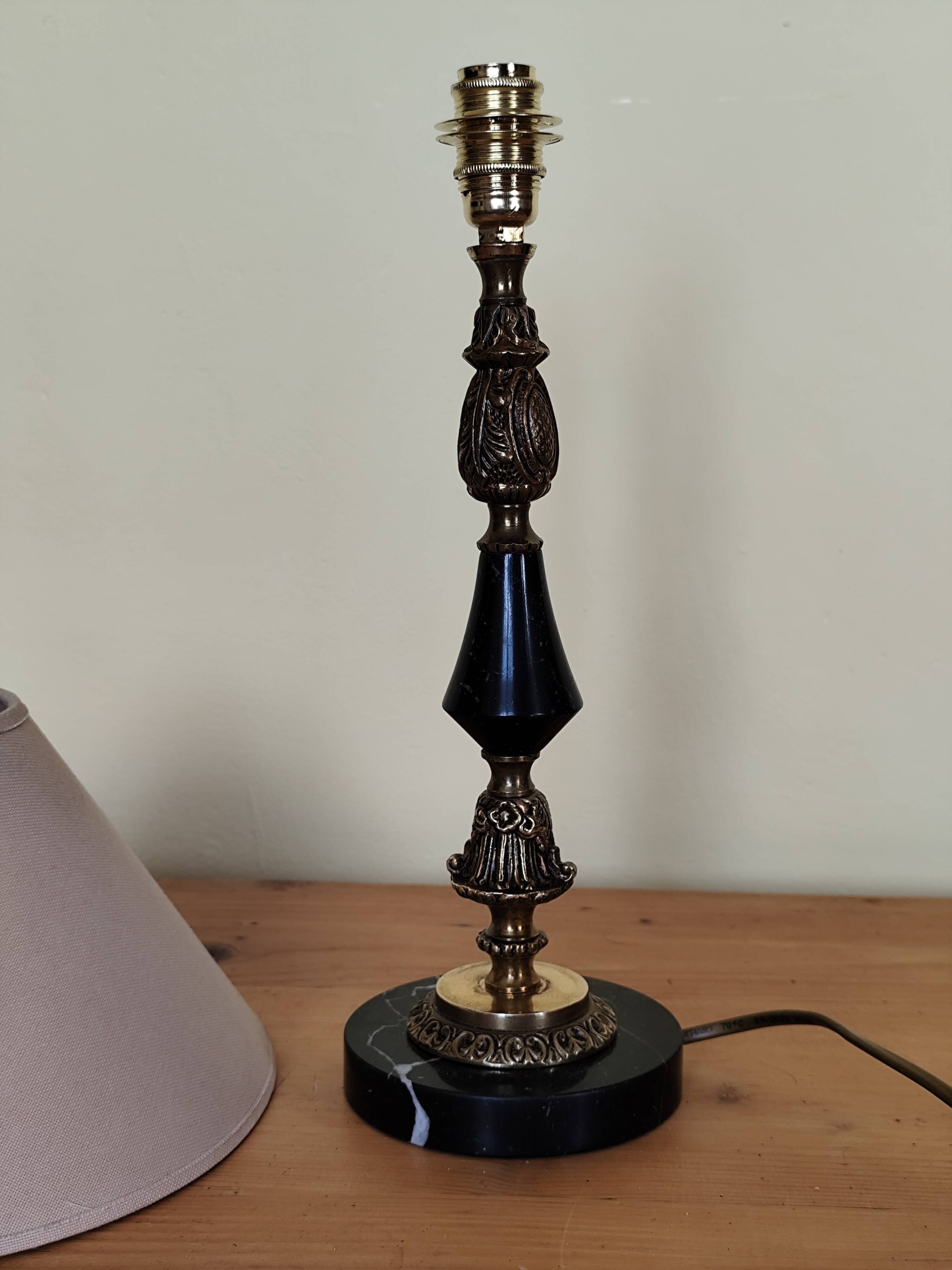 Table lamp base candlestick in chiselled brass and marble base.