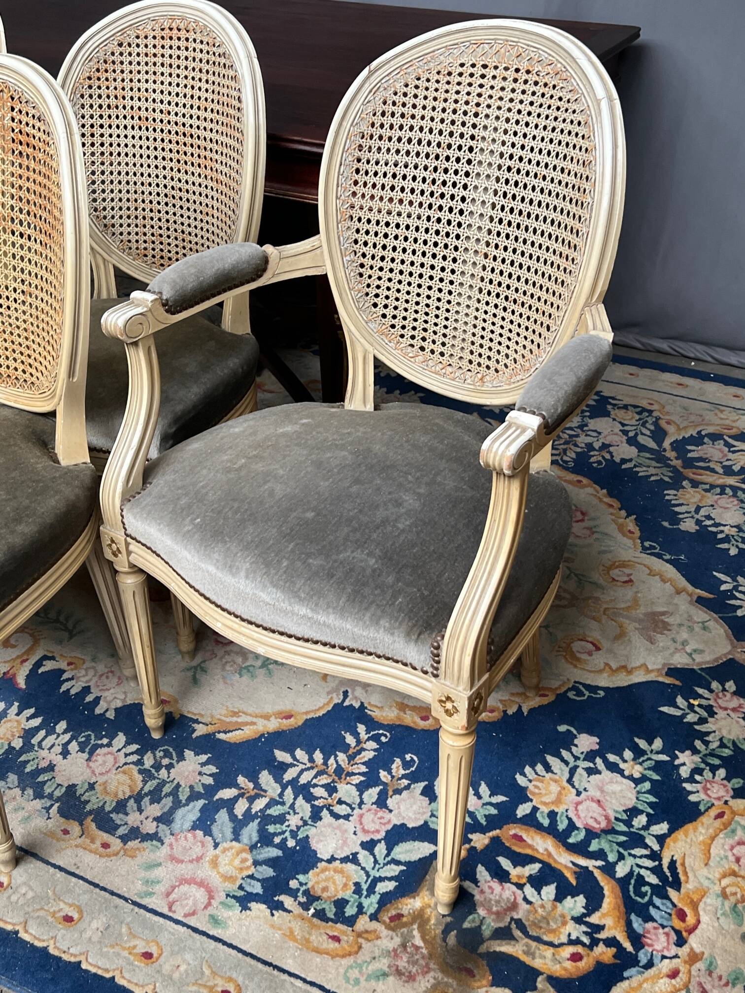 Set of four Louis XVI style chairs and two armchairs.