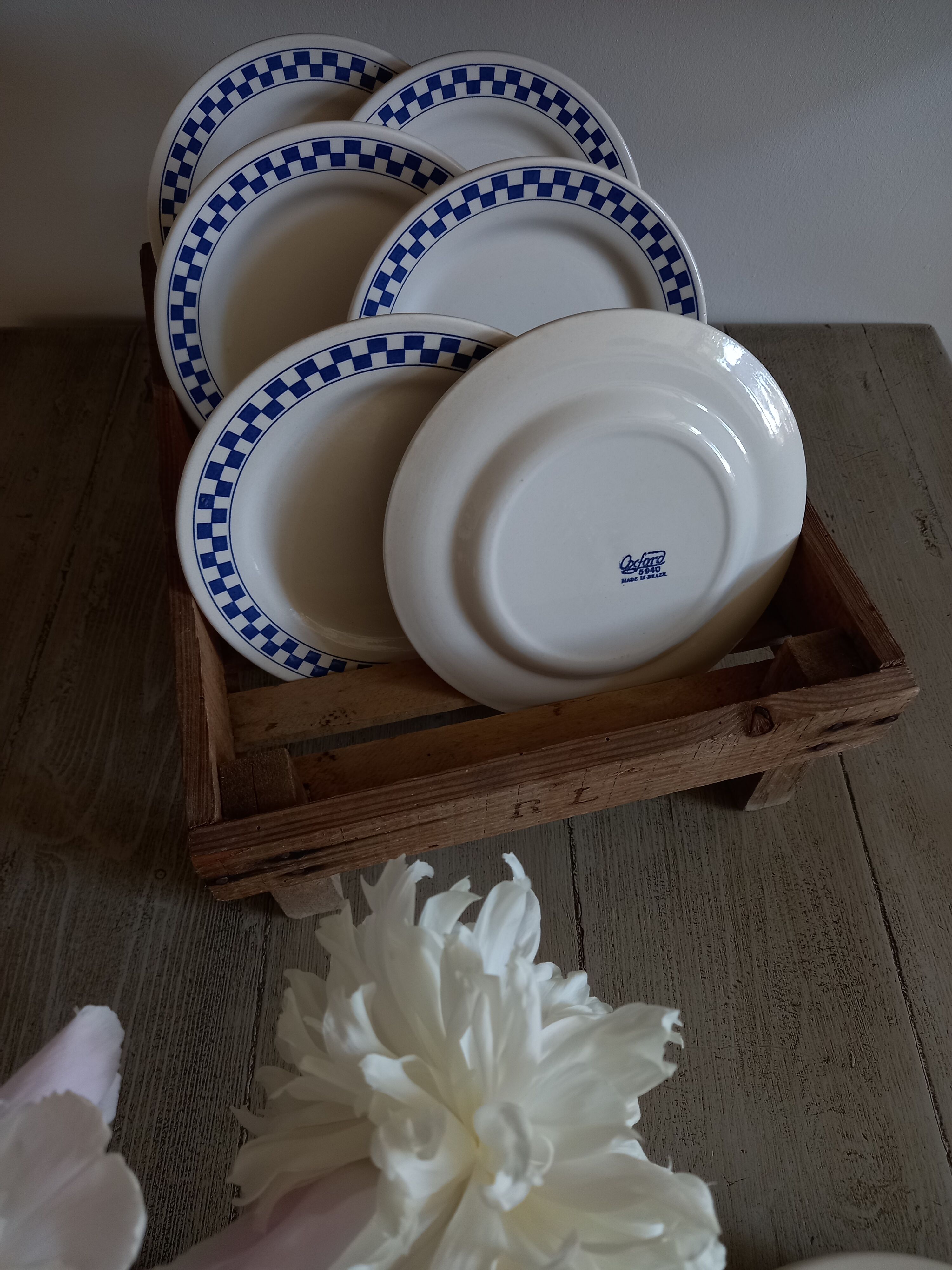 6 dessert plates blue checkerboard décor style Lustucru Oxford Brazil