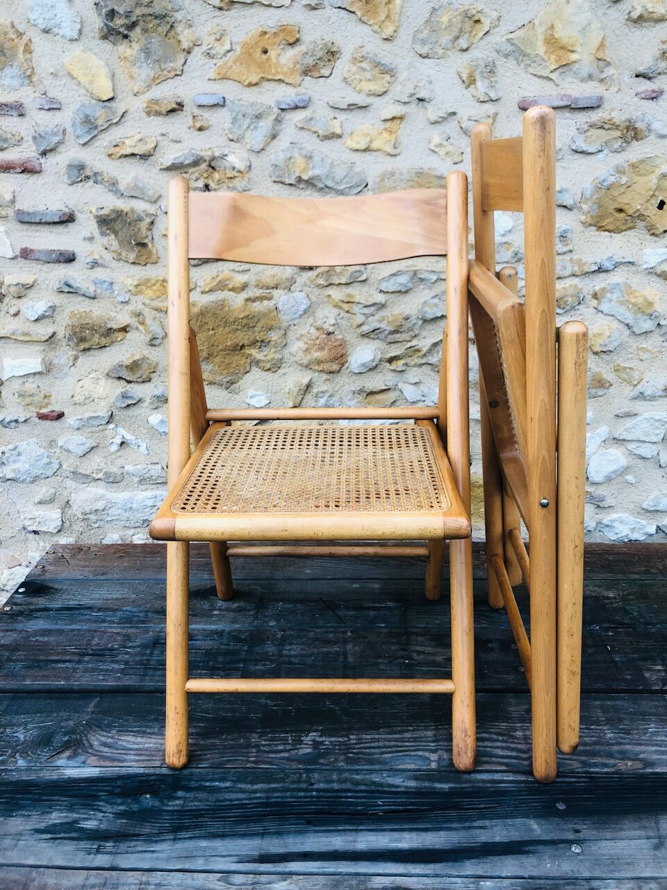 Set of 2 vintage folding chairs, rattan cane for Habitat, circa 70/80