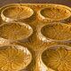 Vintage ochre earthenware artichoke dish, 6 compartments, relief flowers.