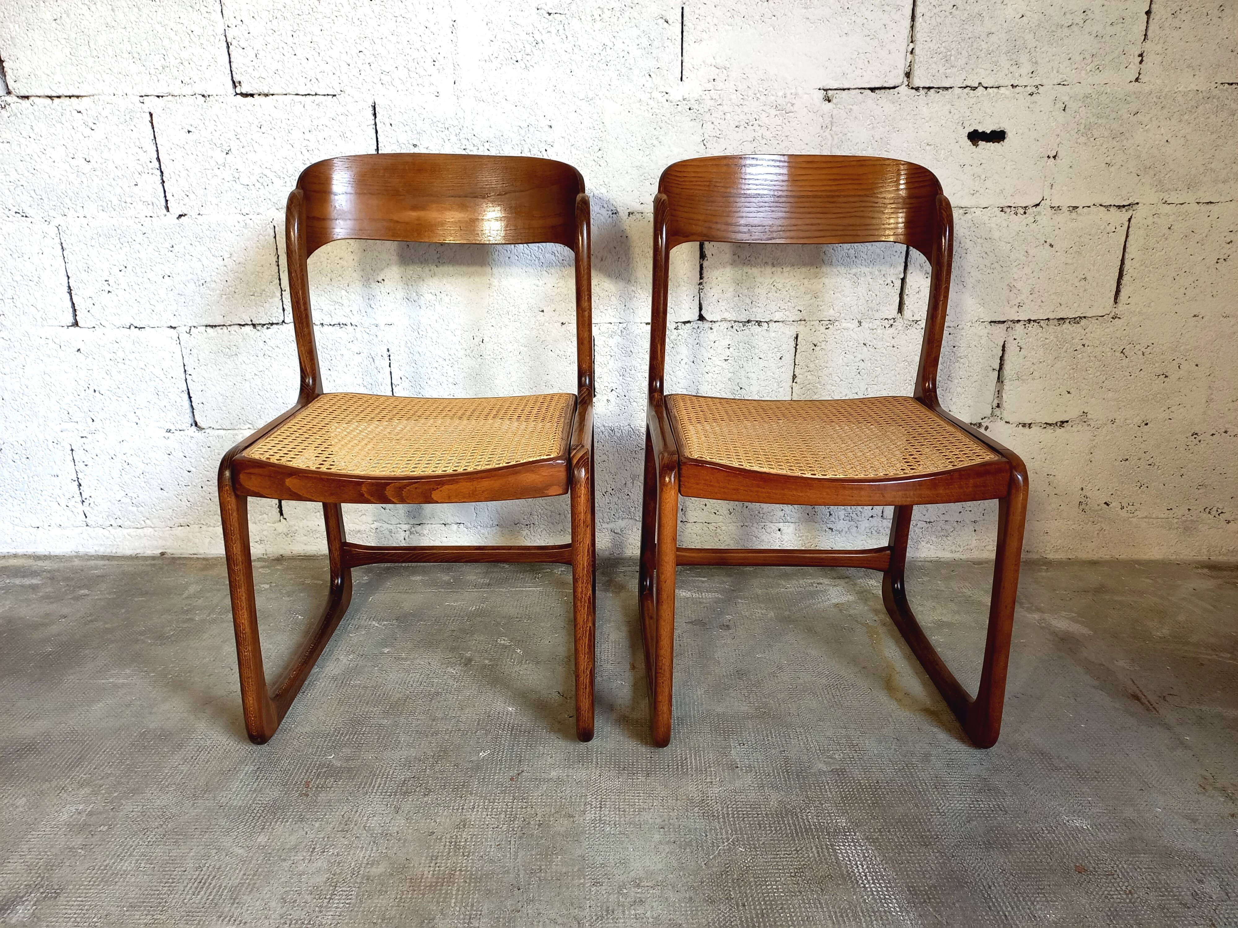 Suite of 2 vintage chairs sleigh canées Baumann 70s