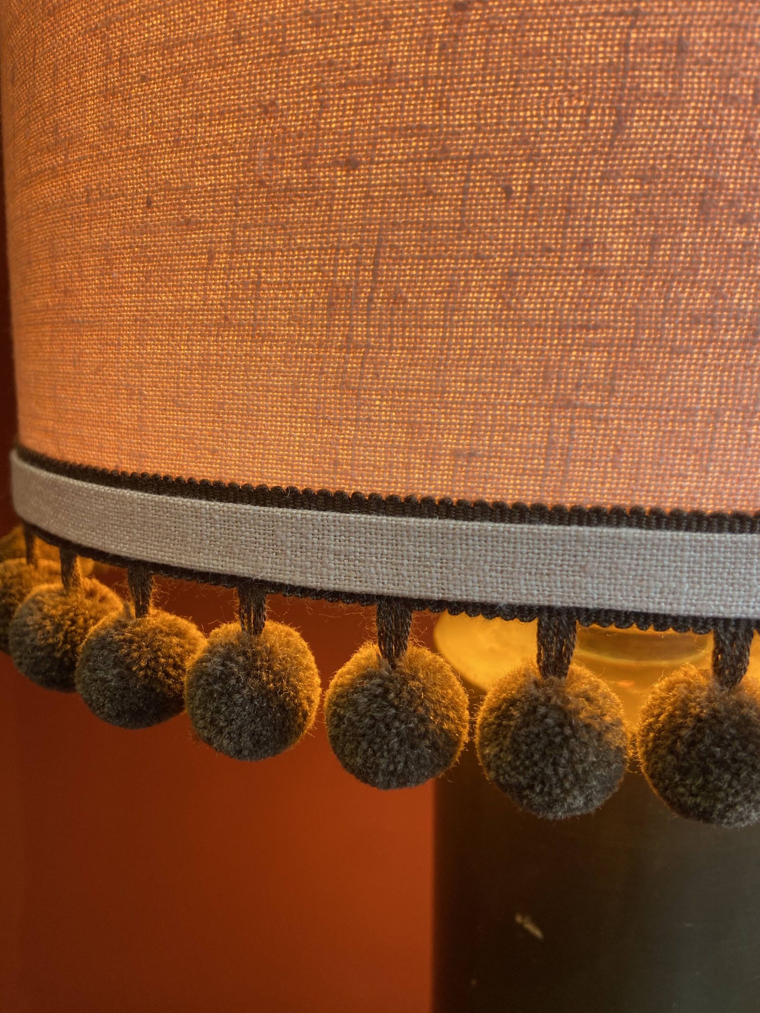 Copper "bouillotte" lamp with Ashoka Silk shade, pom-poms of c