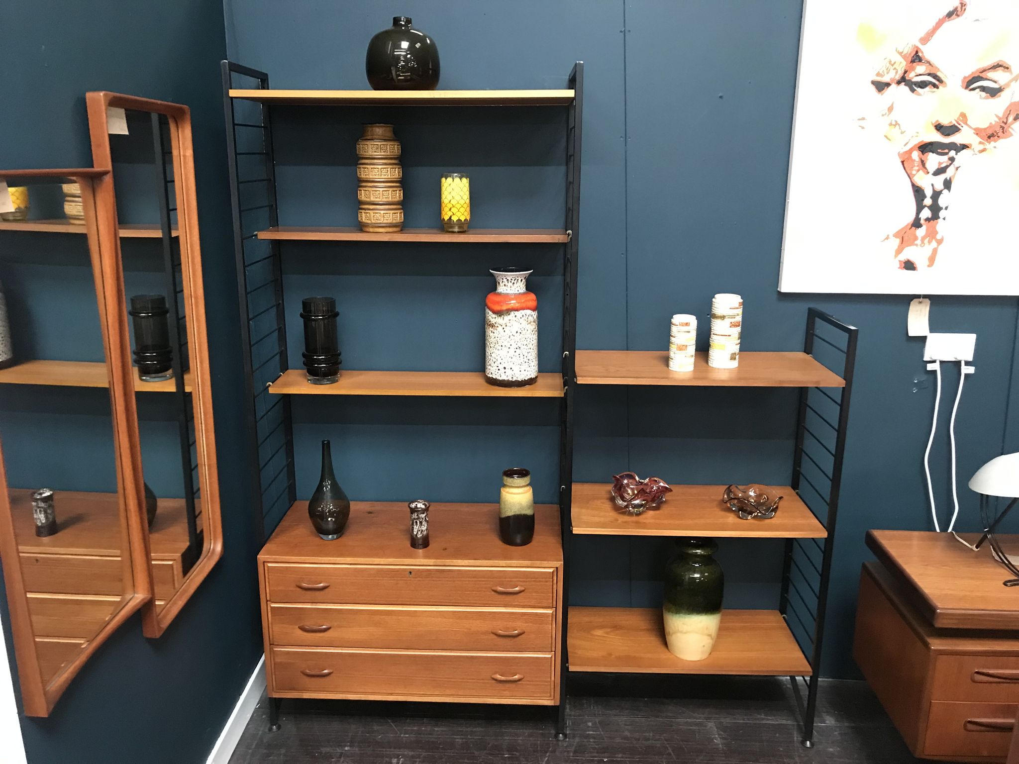 2 bay teak ladderax shelving system by with chest of drawers by staples