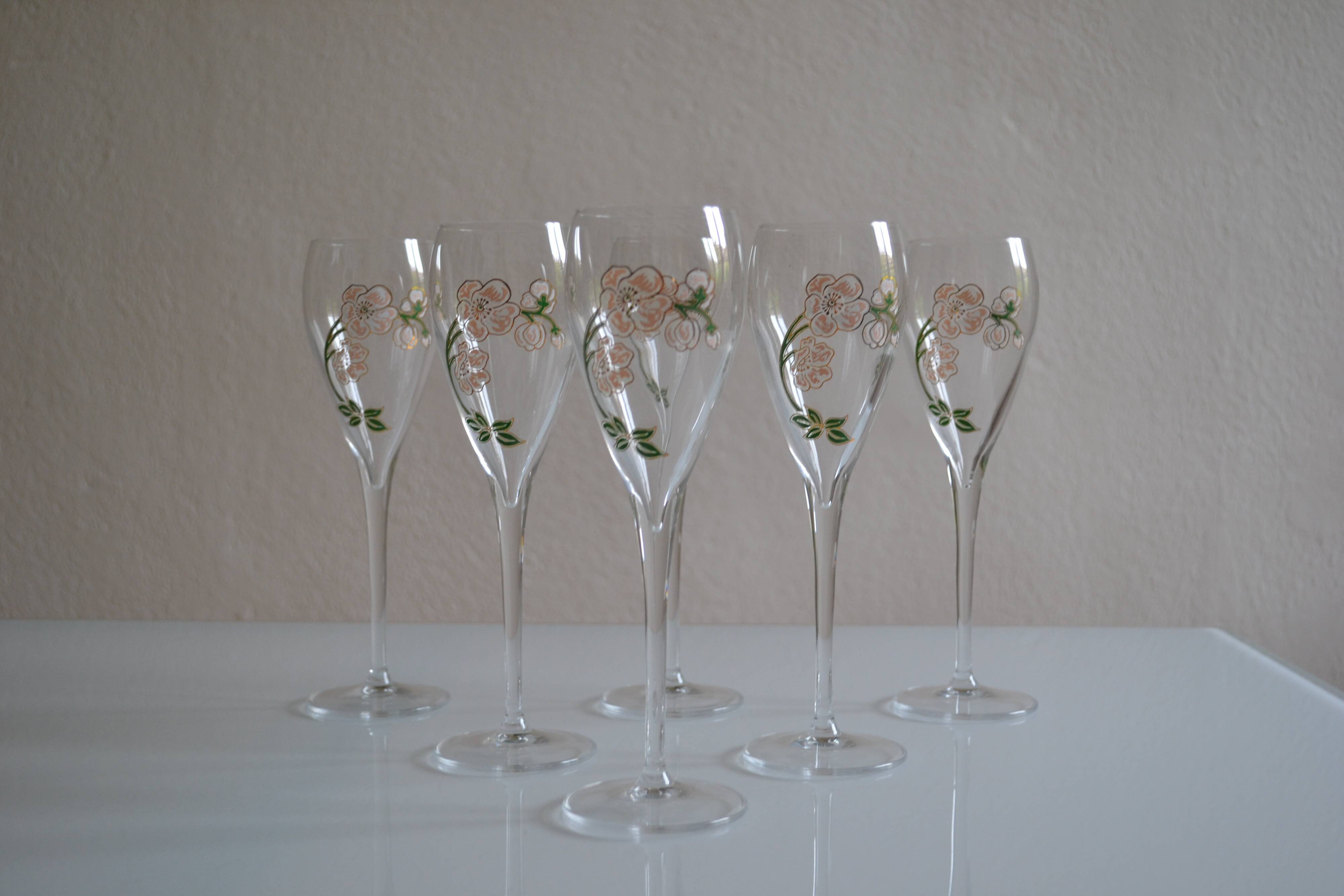6 champagne flutes Perrier Jouet model Belle Époque by Emile Gallé