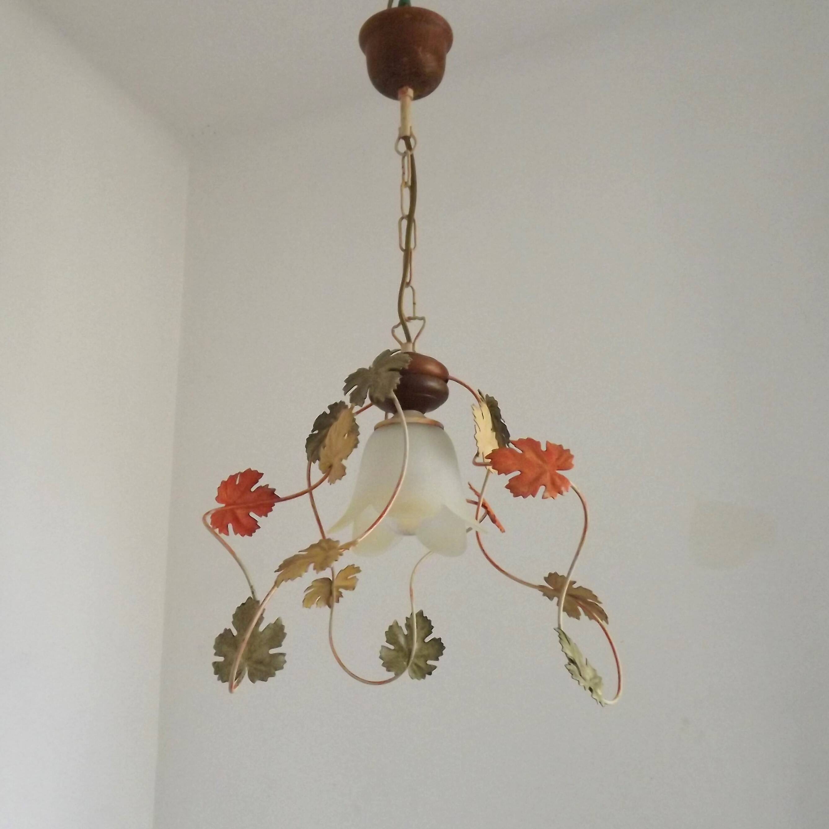 French Vintage Leaf Metal and Wood Hanging Light Textured Glass Shade