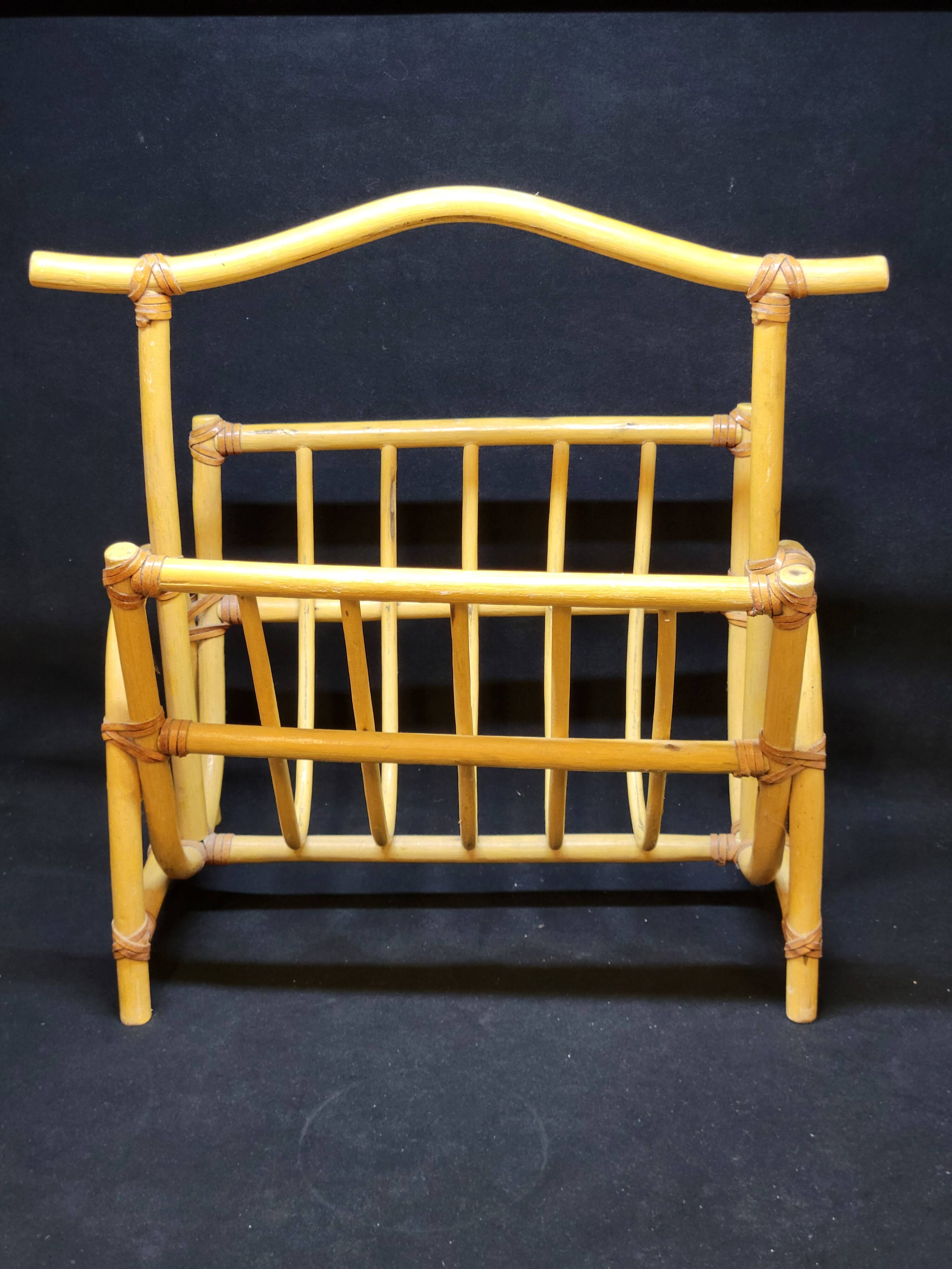 Large vintage bamboo magazine rack with leather straps, 1970s