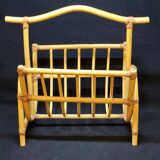 Grand porte revue vintage en bambou et lanières en cuir années 1970