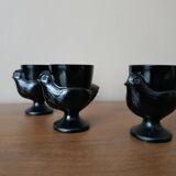 3 egg cups with black opaline glass hens Arcoroc 1980