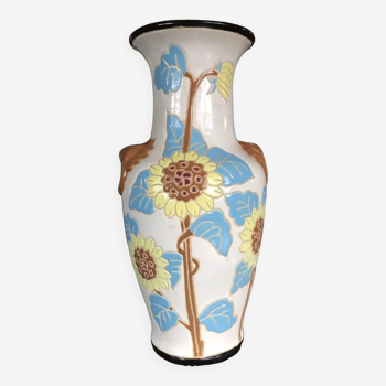 Glazed ceramic vase with polychrome decoration of sunflower flowers 36 cm