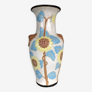 Vase en céramique émaillée à décor polychrome de fleurs de tournesol 36 cm